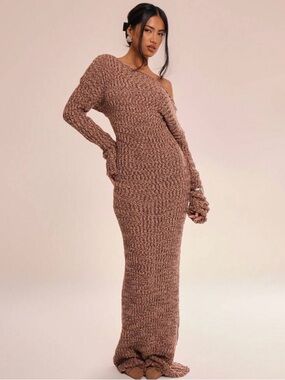 Off-Shoulder Chunky Knit Maxi Dress in Taupe